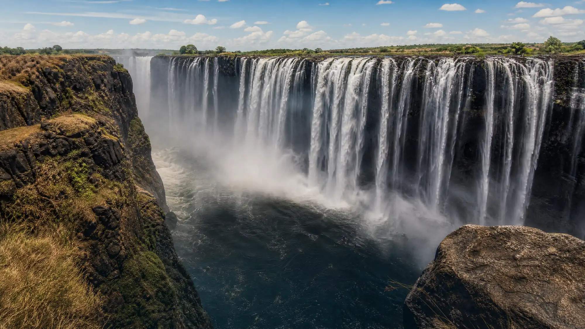 Les chutes Victoria s'étendent sur 1 708 mètres de large sur le fleuve Zambèze. Elles plongent de 108 mètres dans une gorge abrupte de basalte à la frontière entre la Zambie et le Zimbabwe.