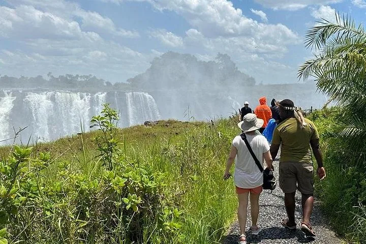 Des gens marchant sur un chemin vers les chutes Victoria.